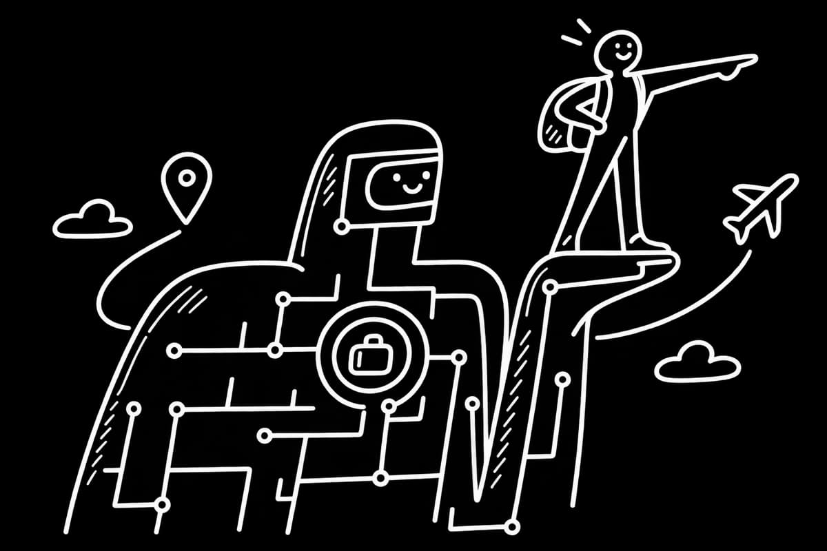 Line drawing of a friendly figure wired like a circuit board, with a traveller standing on its shoulder and pointing at a plane